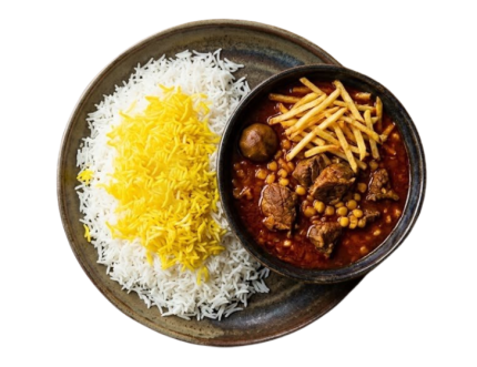 چلو خورشت قیمه با سیب زمینی